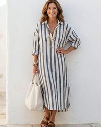 Midi Shirt Dress Women Relaxed Fit Casual Long Sleeve Striped
