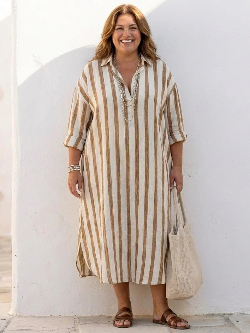 Midi Shirt Dress Women Relaxed Fit Casual Long Sleeve Striped