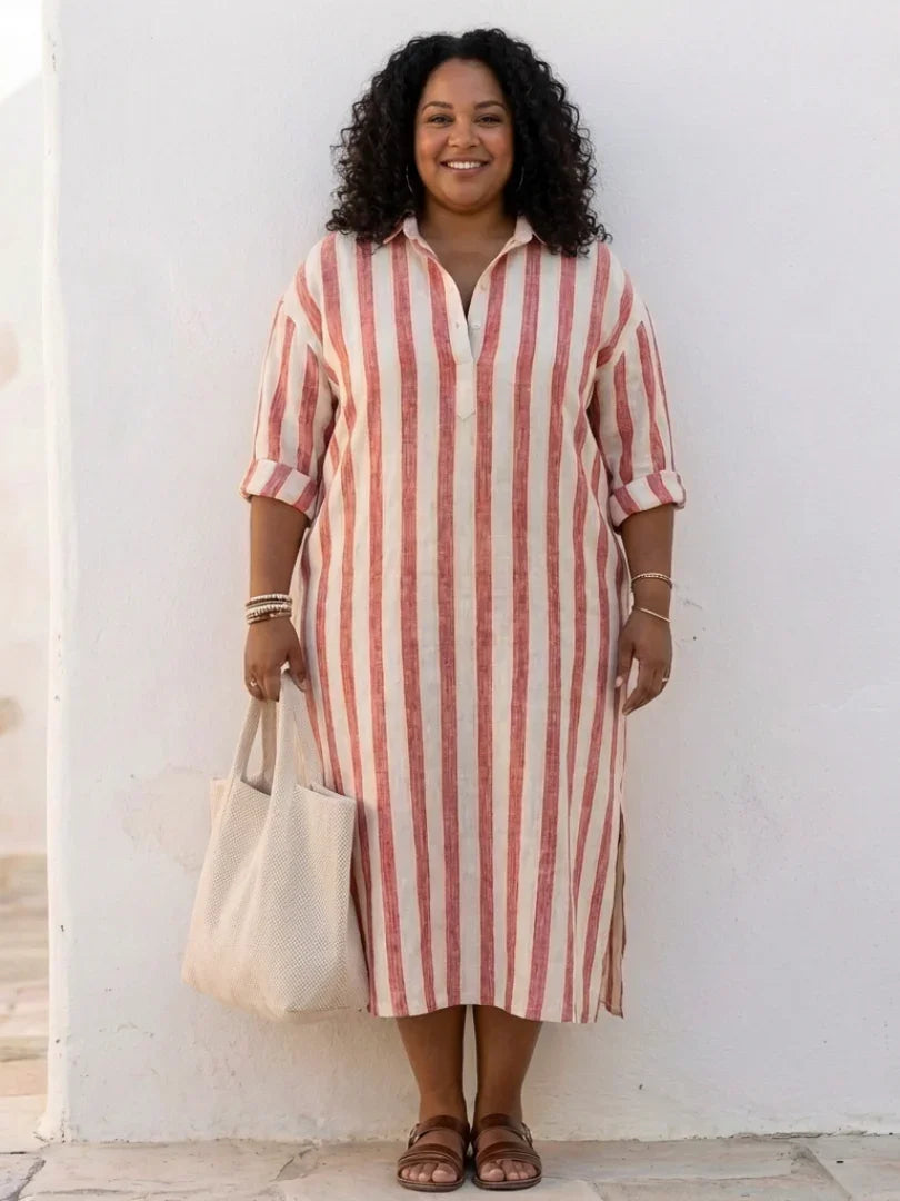 Midi Shirt Dress Women Relaxed Fit Casual Long Sleeve Striped
