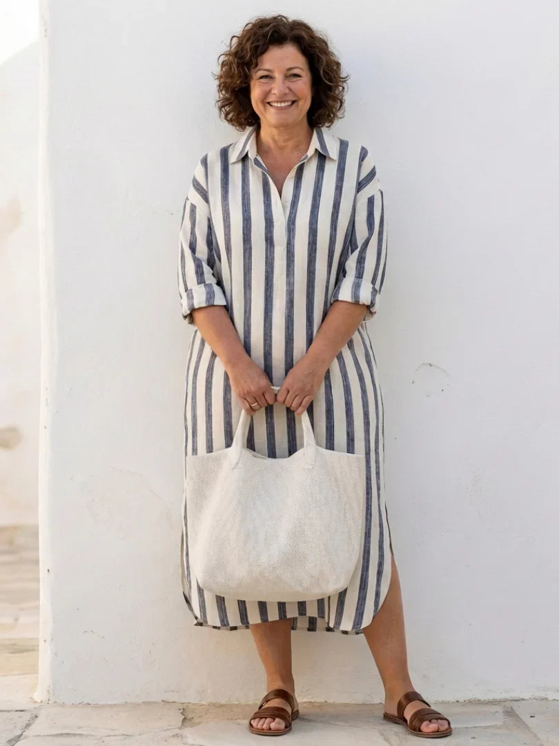 Midi Shirt Dress Women Relaxed Fit Casual Long Sleeve Striped