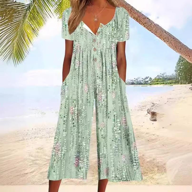Printed V-Neck Short Sleeve Jumpsuit Women Relaxed Fit Casual Summer