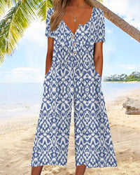 Printed V-Neck Short Sleeve Jumpsuit Women Relaxed Fit Casual Summer