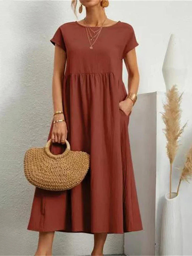 O-neck Vintage Dress Women Relaxed Fit Casual Summer