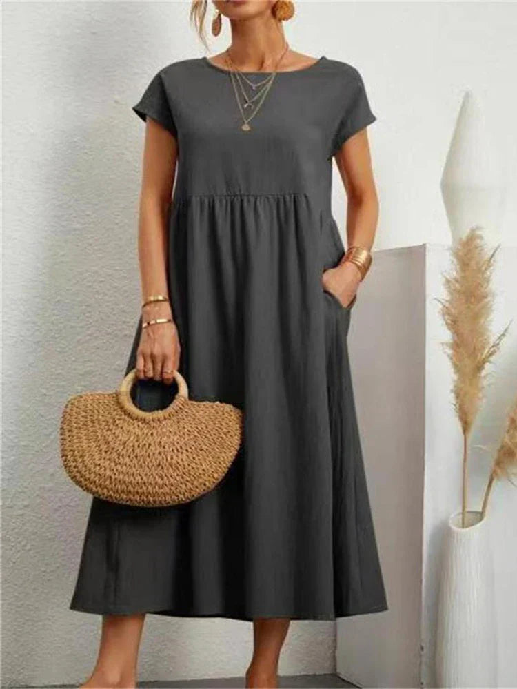 O-neck Vintage Dress Women Relaxed Fit Casual Summer