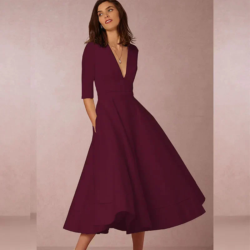 A-Line Midi Dress Women Fitted Casual Elegant