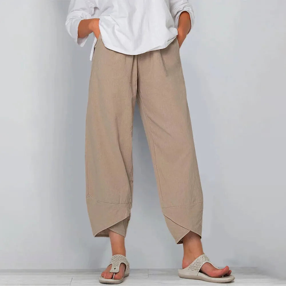 Culotte Pants Women Relaxed Fit Casual Beige