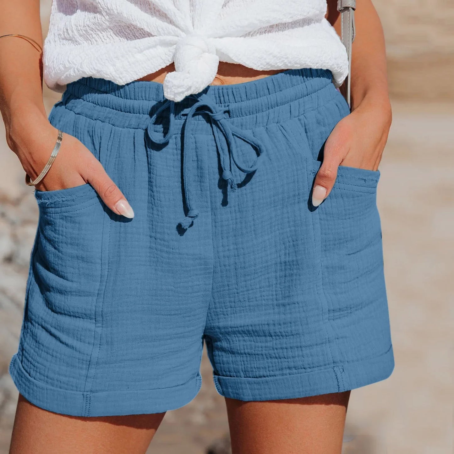 Women Casual Shorts Elastic Waist Drawstring Summer