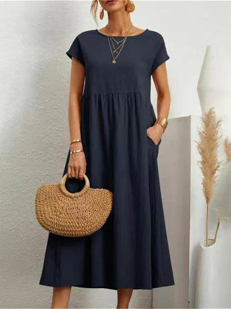 O-neck Vintage Dress Women Relaxed Fit Casual Summer