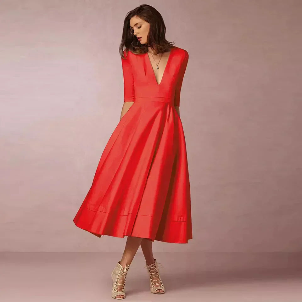 A-Line Midi Dress Women Fitted Casual Elegant