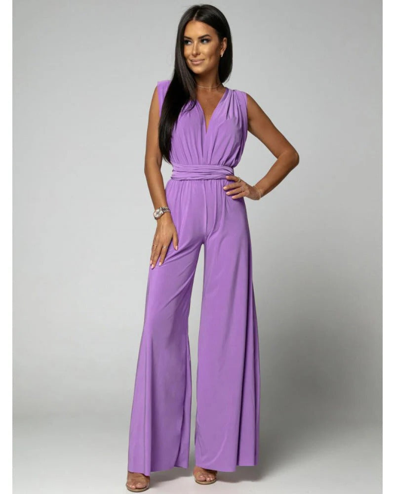 Sleeveless V-Neck Wide Leg Jumpsuit Women Regular Fit Formal