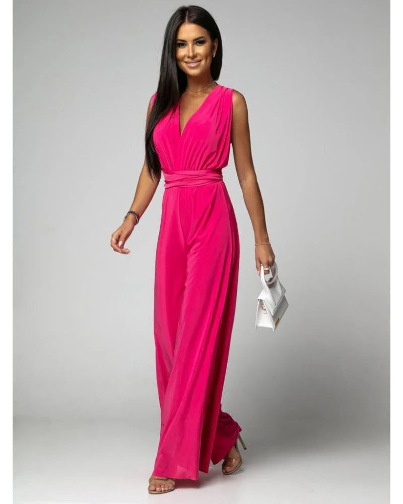 Sleeveless V-Neck Wide Leg Jumpsuit Women Regular Fit Formal