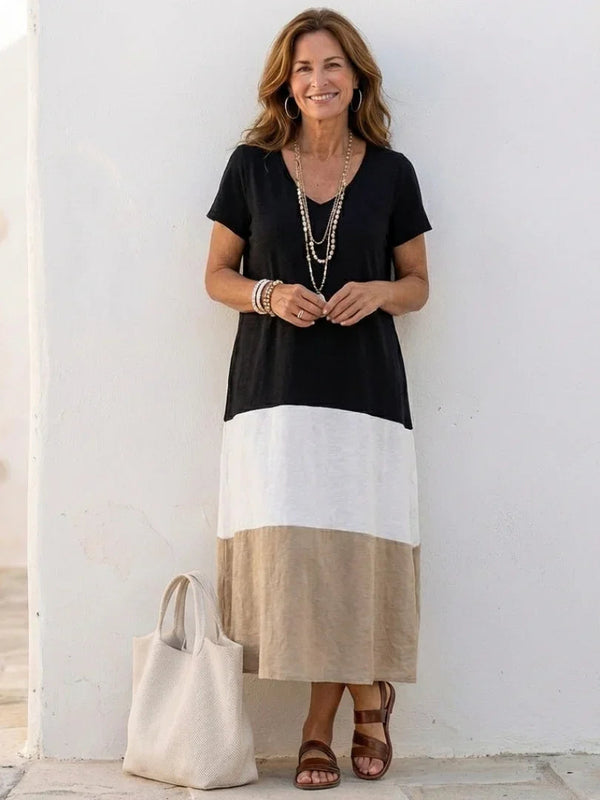 Midi Dress Women Relaxed Fit Casual Color Block Short Sleeve V Neck