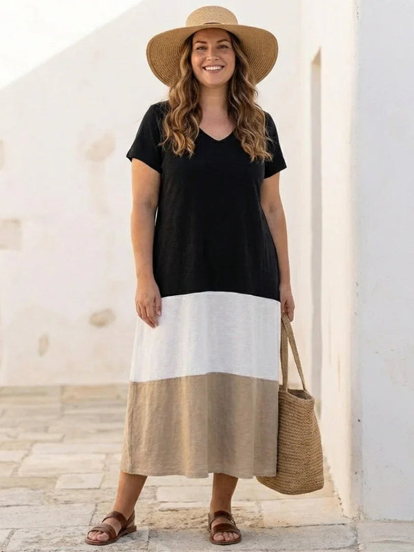 Midi Dress Women Relaxed Fit Casual Color Block Short Sleeve V Neck