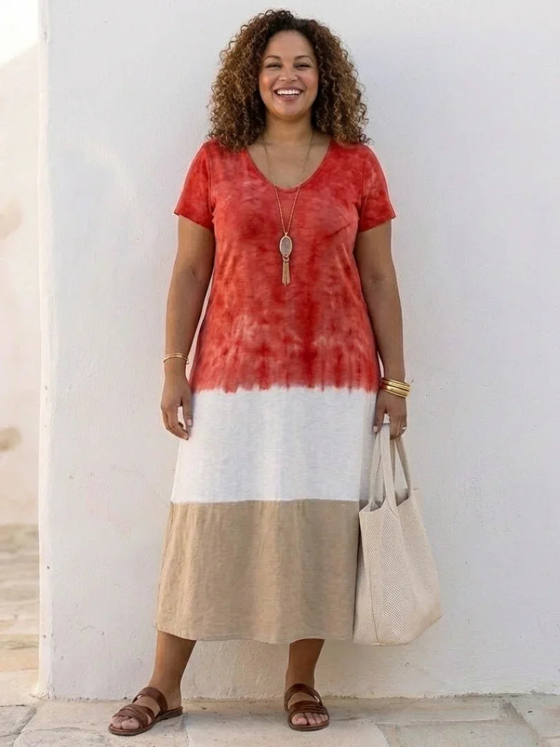 Midi Dress Women Relaxed Fit Casual Color Block Short Sleeve V Neck