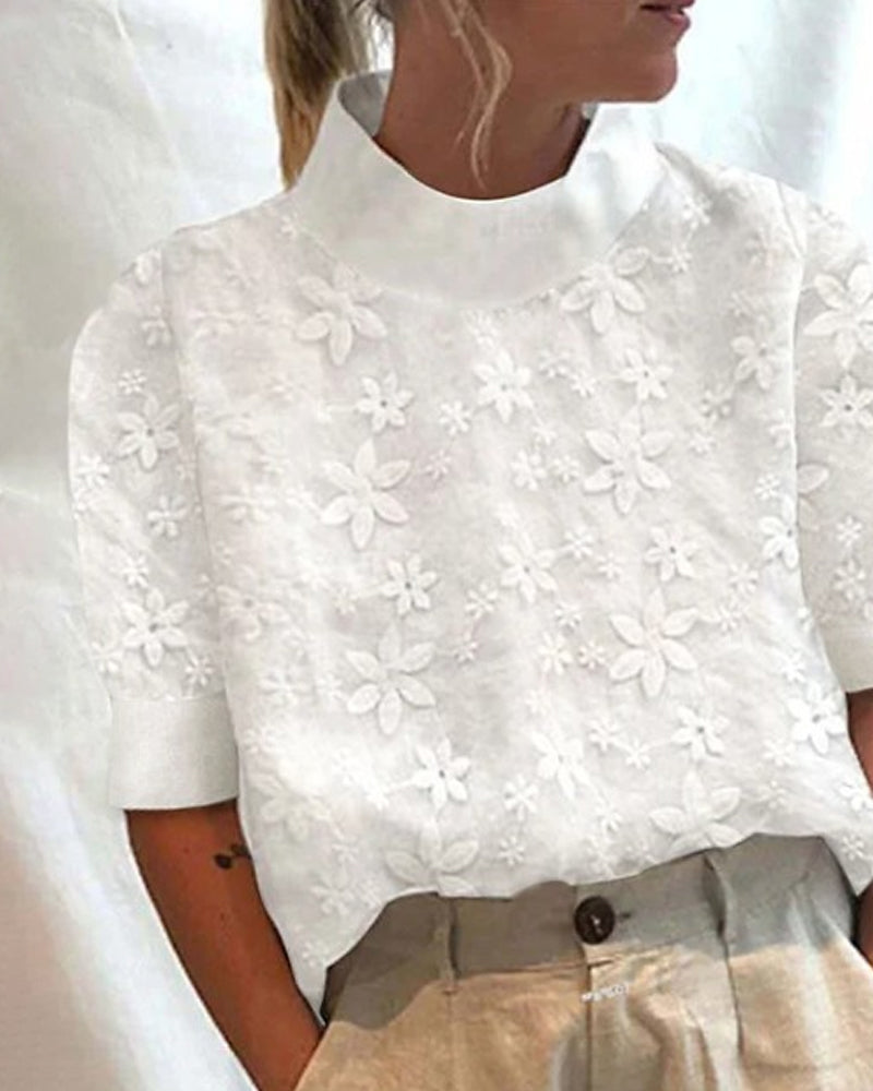 Top Women Relaxed Fit Casual Embroidered Standing Collar Shirt