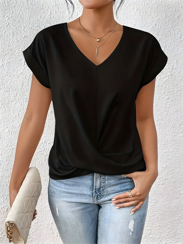 Top Women Relaxed Fit Casual V-Neck Twist Front Top