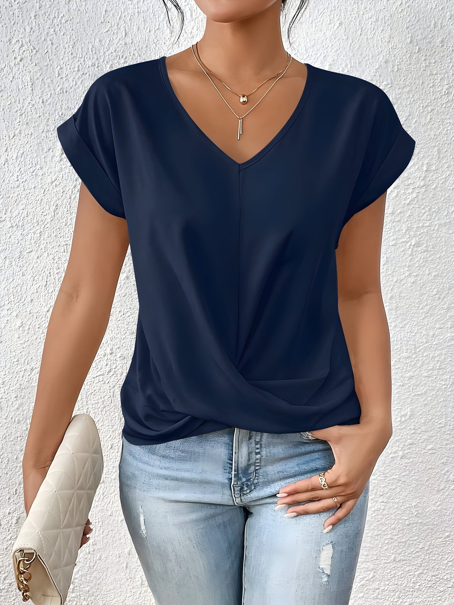 Top Women Relaxed Fit Casual V-Neck Twist Front Top