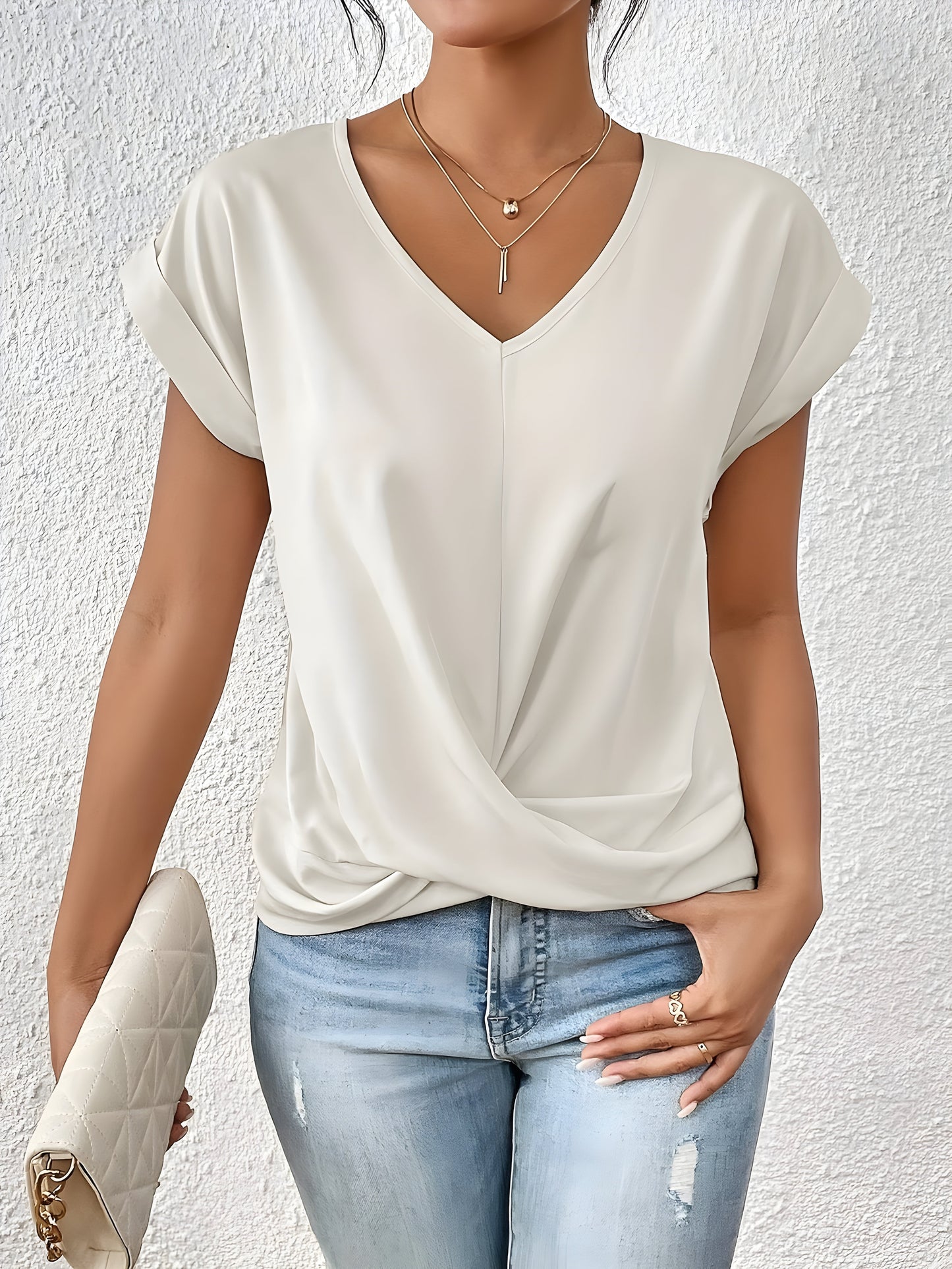 Top Women Relaxed Fit Casual V-Neck Twist Front Top