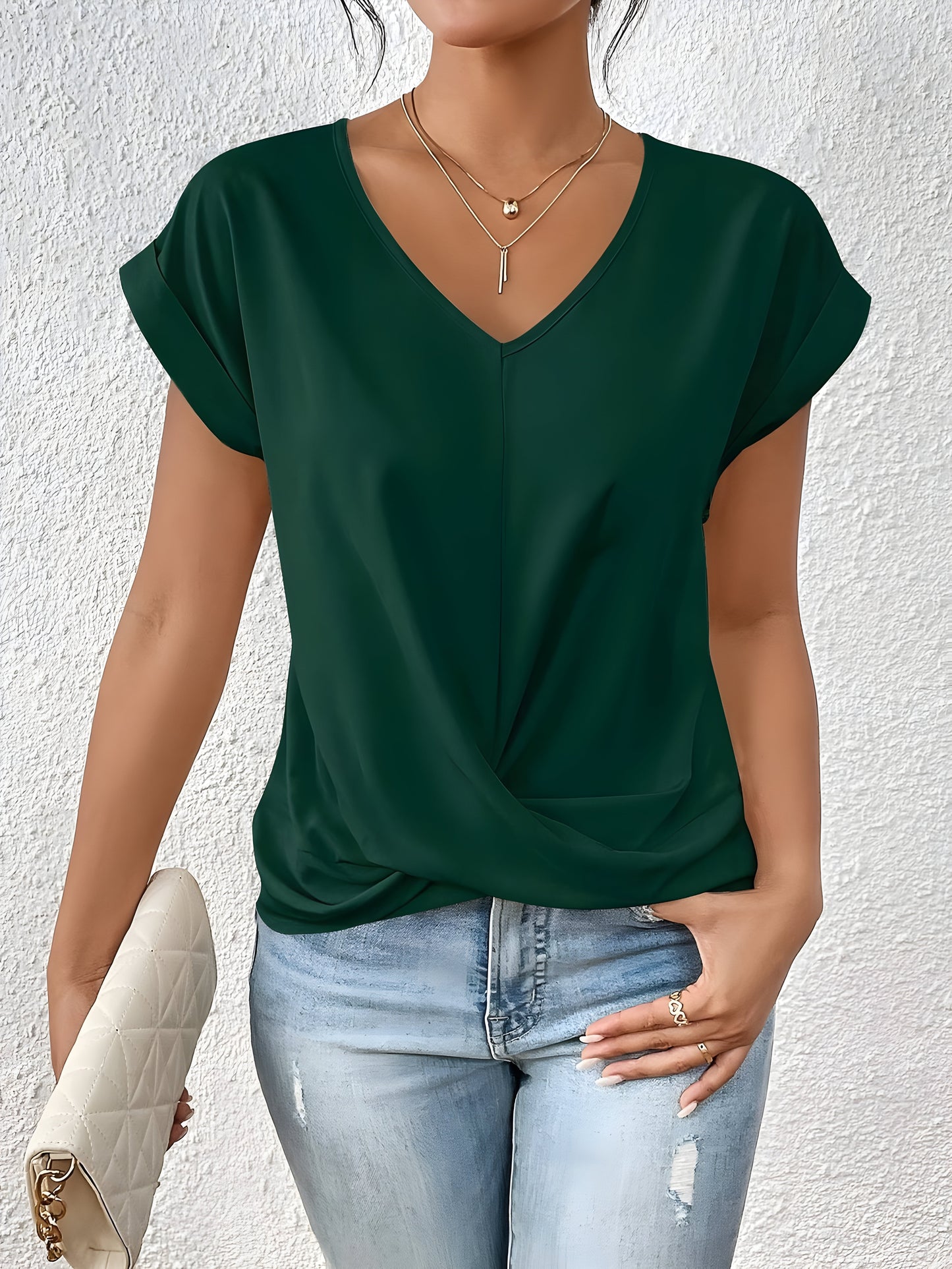 Top Women Relaxed Fit Casual V-Neck Twist Front Top