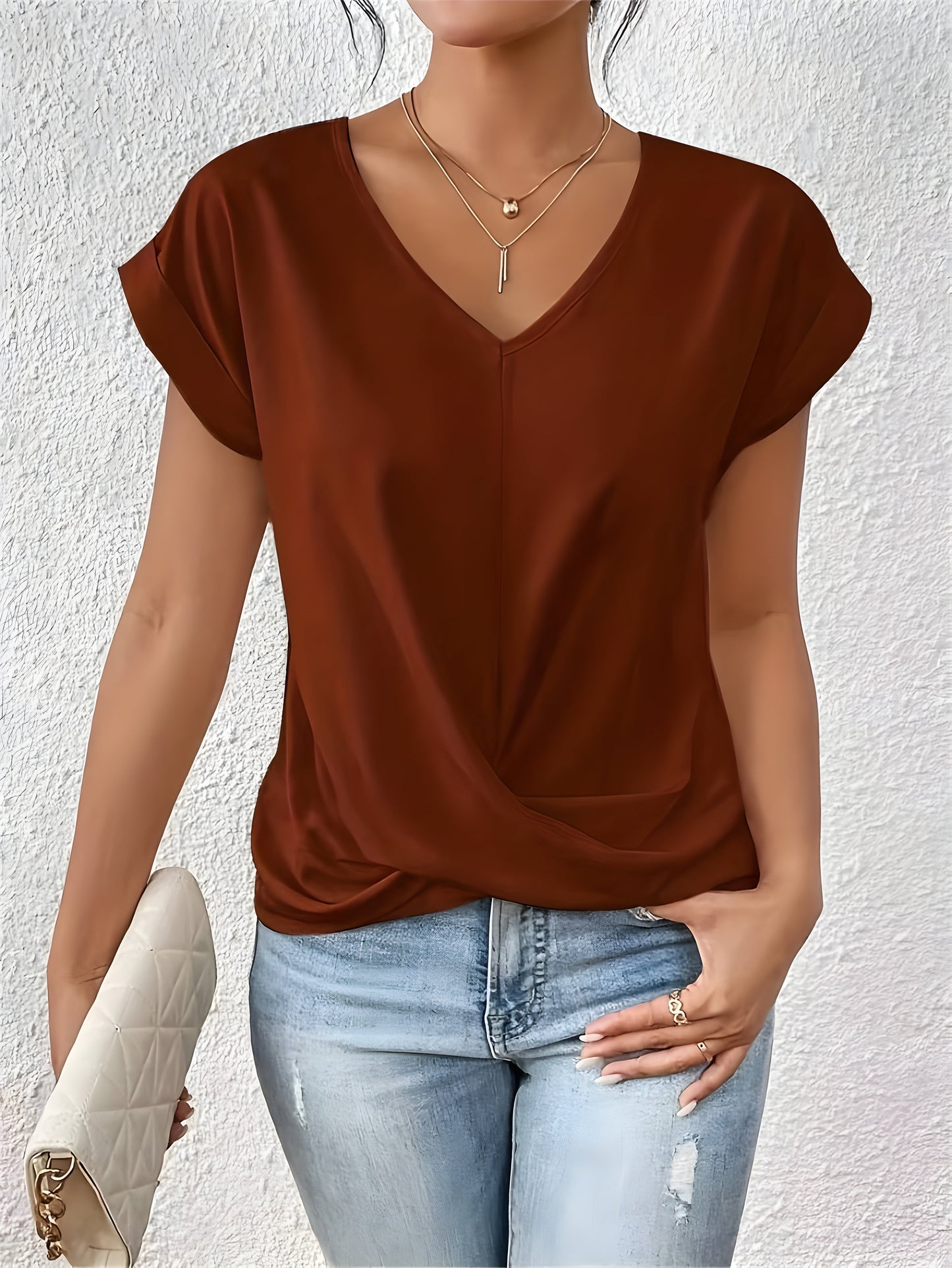 Top Women Relaxed Fit Casual V-Neck Twist Front Top