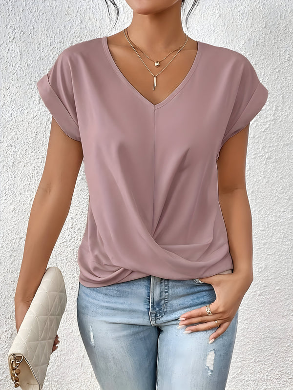 Top Women Relaxed Fit Casual V-Neck Twist Front Top