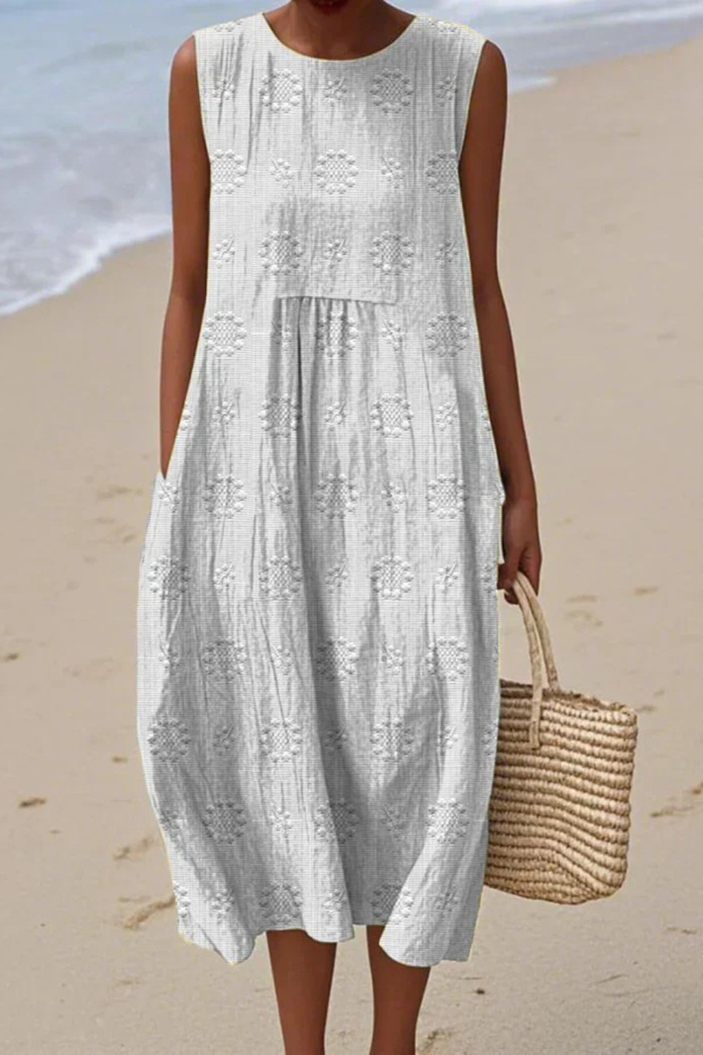 Sleeveless Dress Women Regular Fit Casual Embroidered