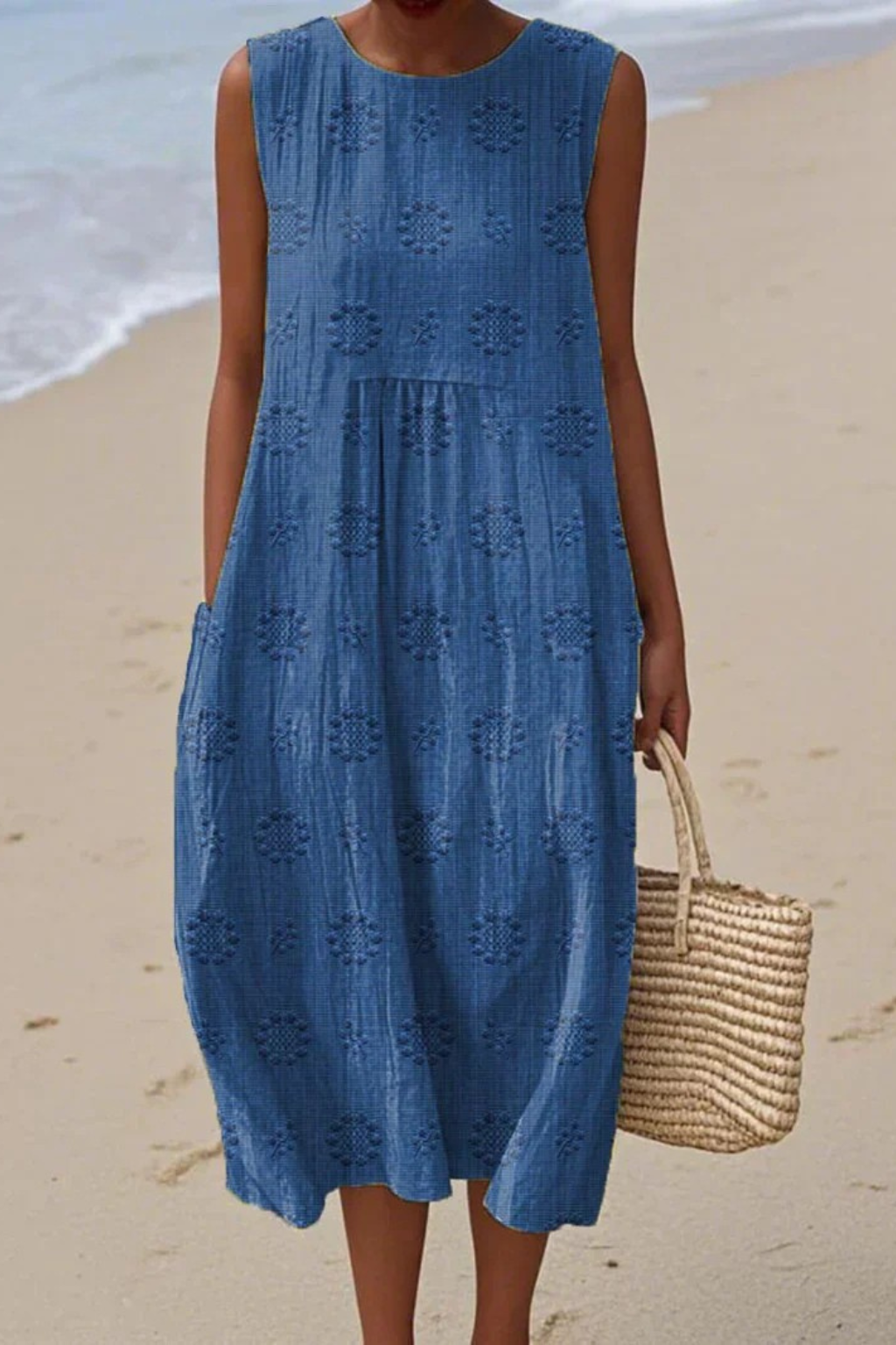 Sleeveless Dress Women Regular Fit Casual Embroidered