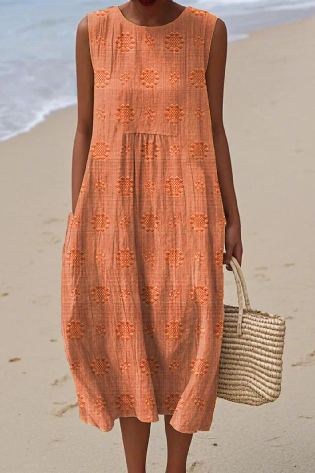 Sleeveless Dress Women Regular Fit Casual Embroidered