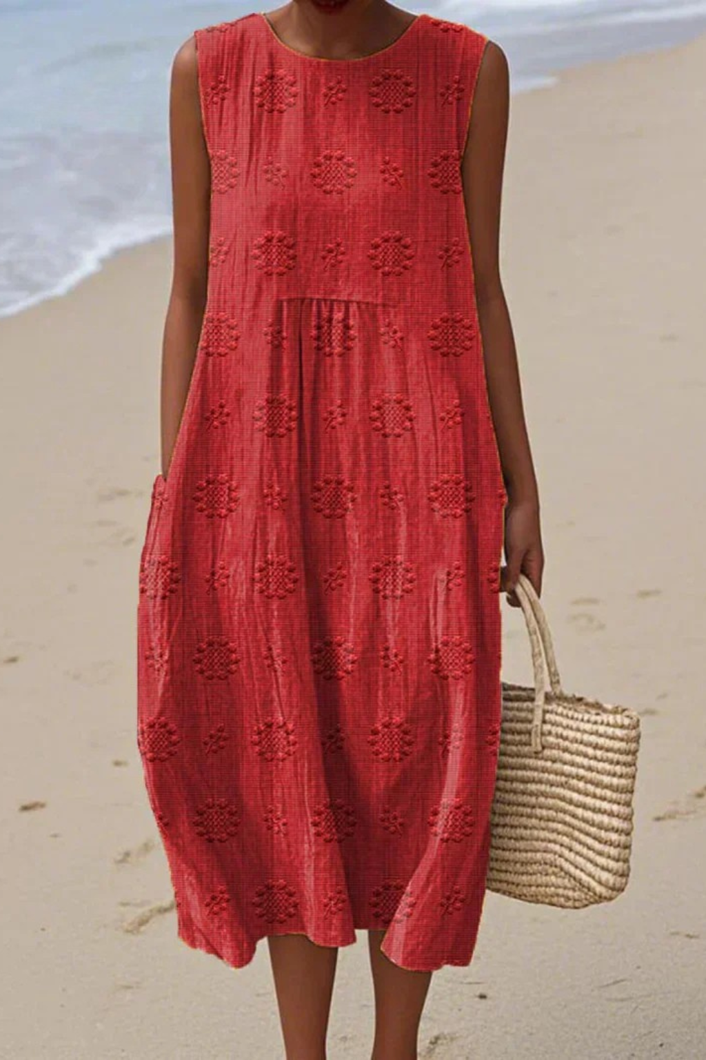 Sleeveless Dress Women Regular Fit Casual Embroidered