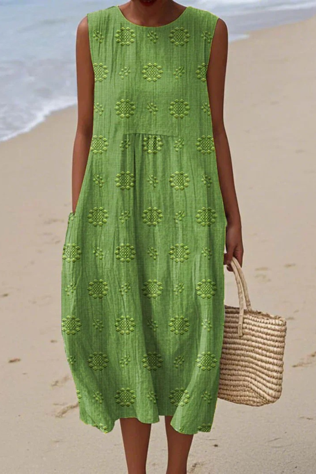 Sleeveless Dress Women Regular Fit Casual Embroidered
