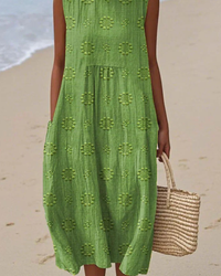 Sleeveless Dress Women Regular Fit Casual Embroidered