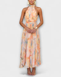 Women’s Flowy Halter Neck Backless Maxi Dress – Watercolour Print