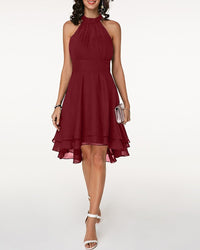 Women’s Halter Midi Dress – Flared Skirt with Ruffle Detailing