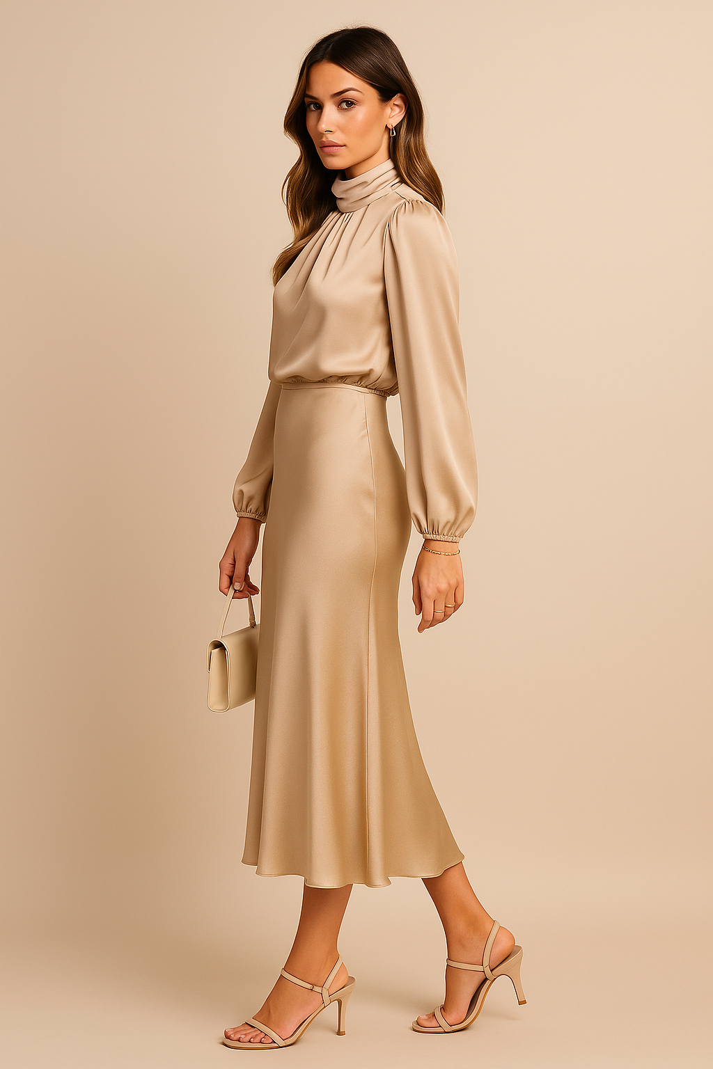 Women's High Neck Midi Dress – Elegant High Waist Silhouette