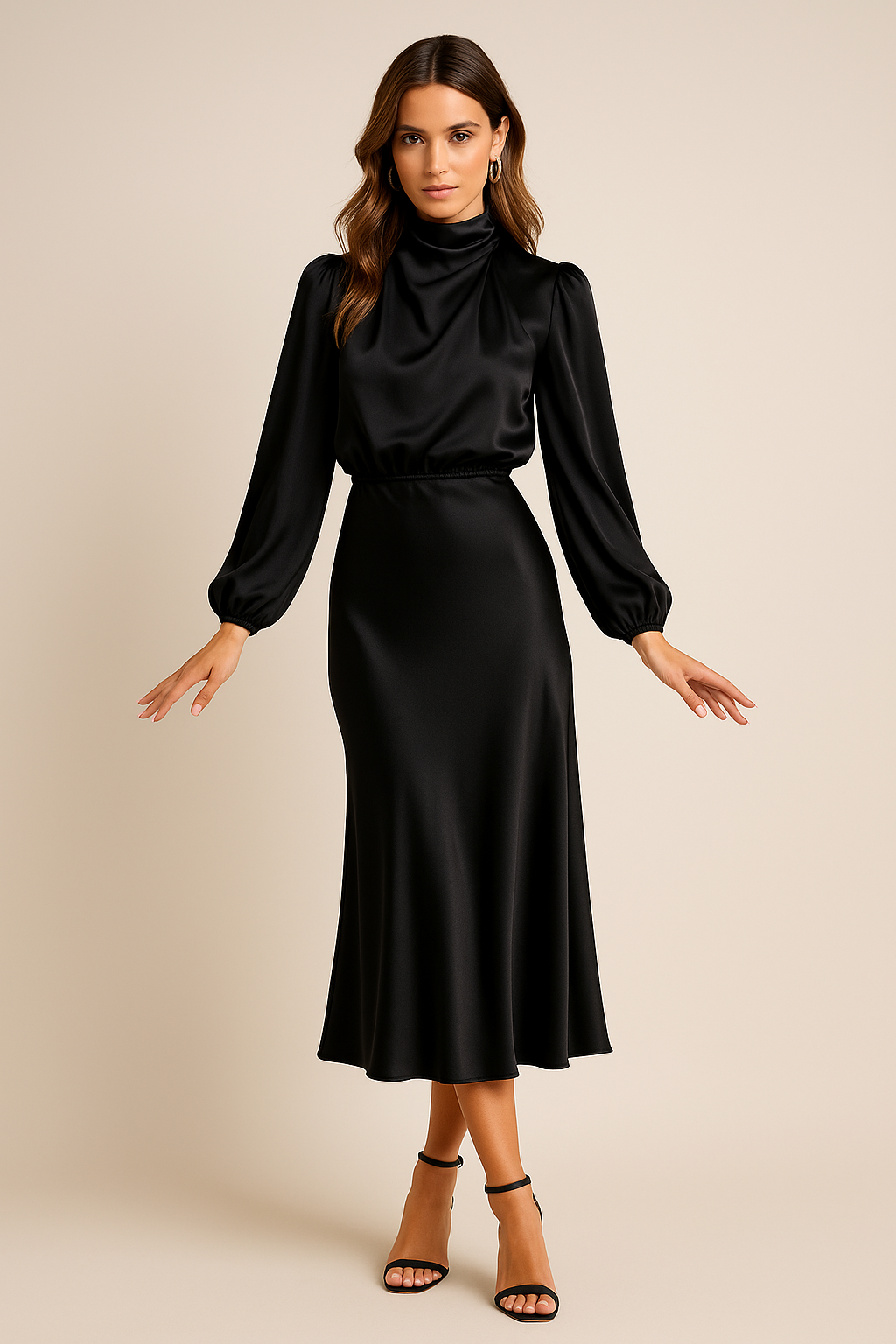 Women's High Neck Midi Dress – Elegant High Waist Silhouette