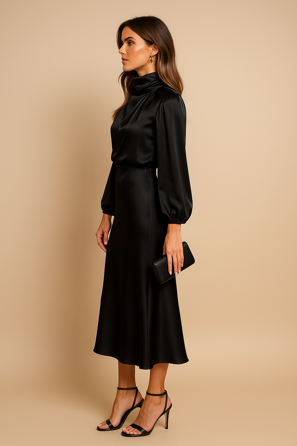 Women's High Neck Midi Dress – Elegant High Waist Silhouette