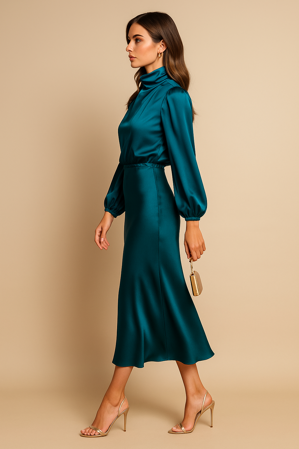 Women's High Neck Midi Dress – Elegant High Waist Silhouette