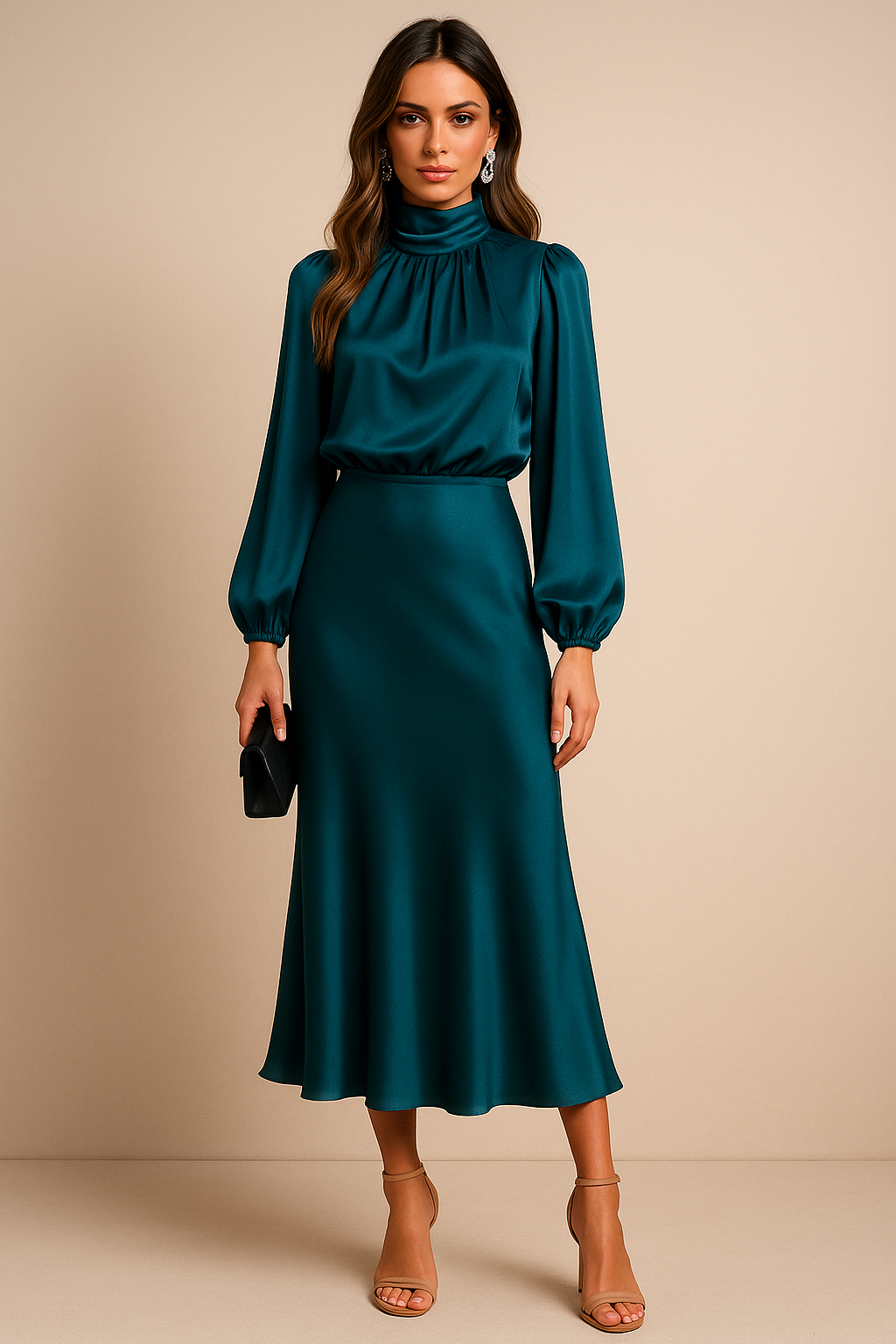 Women's High Neck Midi Dress – Elegant High Waist Silhouette