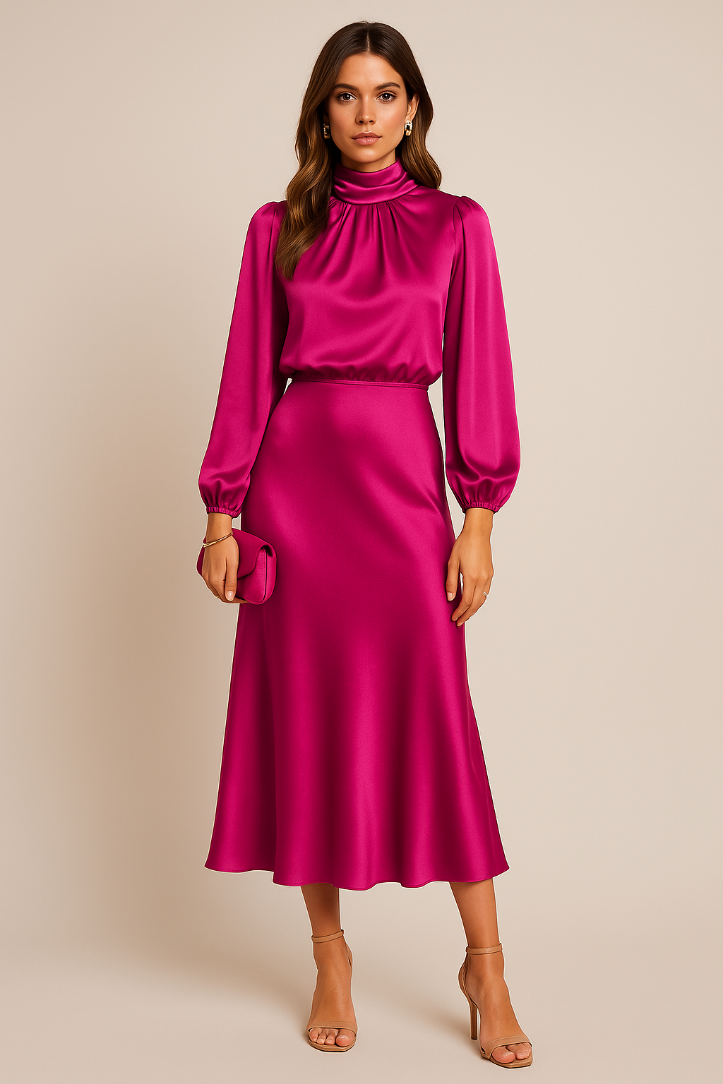 Women's High Neck Midi Dress – Elegant High Waist Silhouette