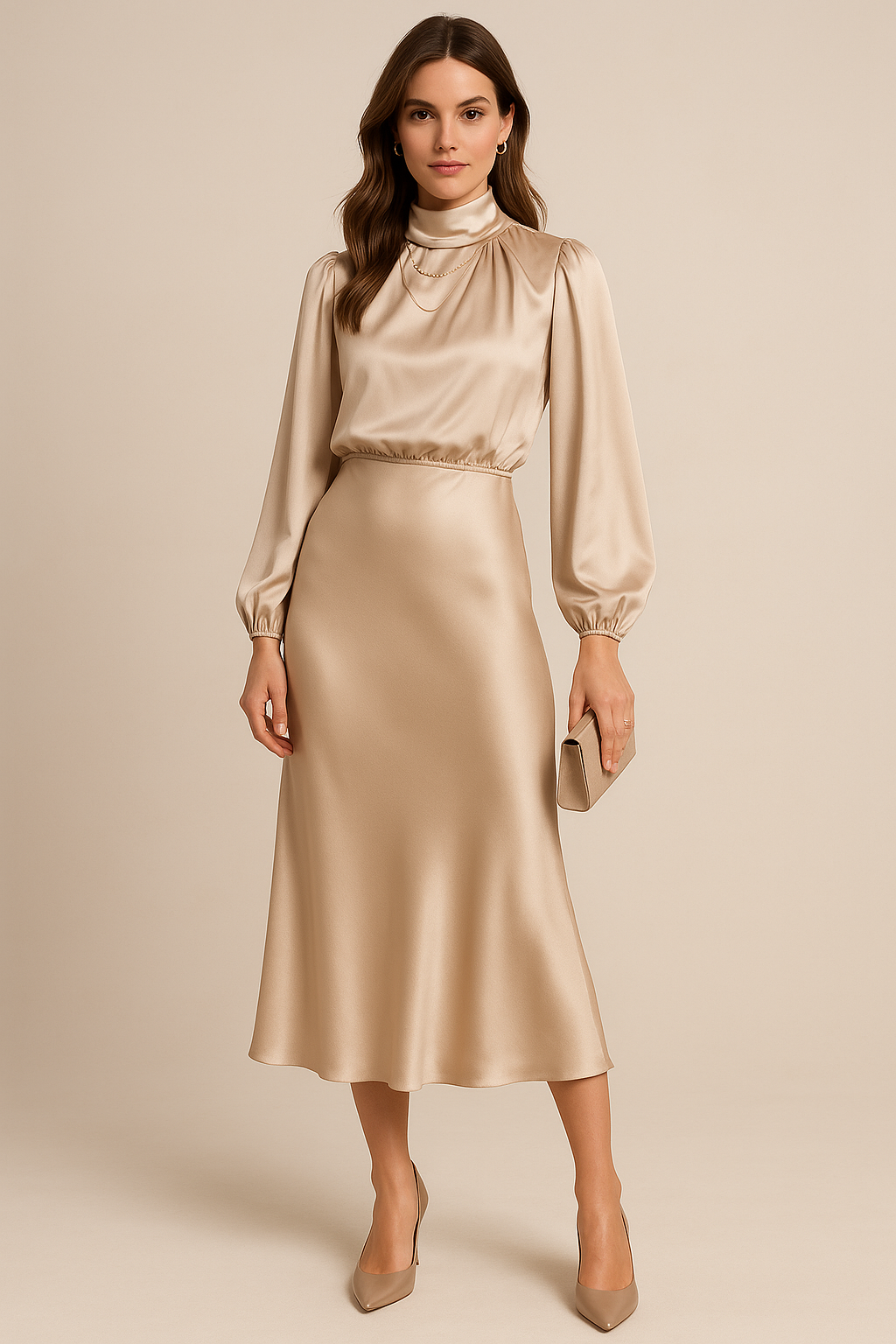 Women's High Neck Midi Dress – Elegant High Waist Silhouette