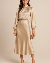 Women's High Neck Midi Dress – Elegant High Waist Silhouette