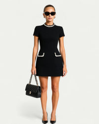 Women’s Mini Dress with Pearl Trim and Pocket Detailing