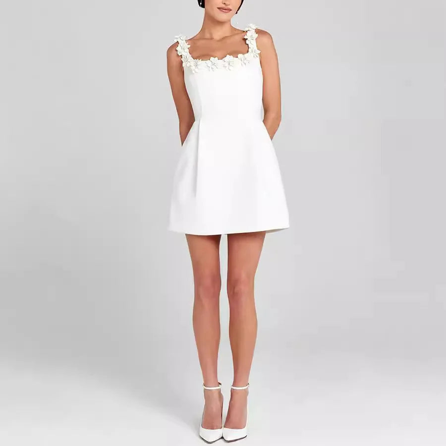 Women's Mini Sheath Dress – Square Neck with Floral Detail