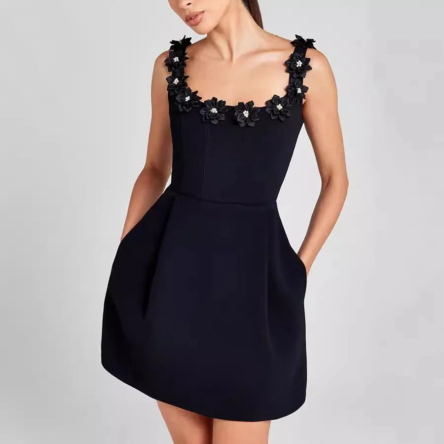 Women's Mini Sheath Dress – Square Neck with Floral Detail