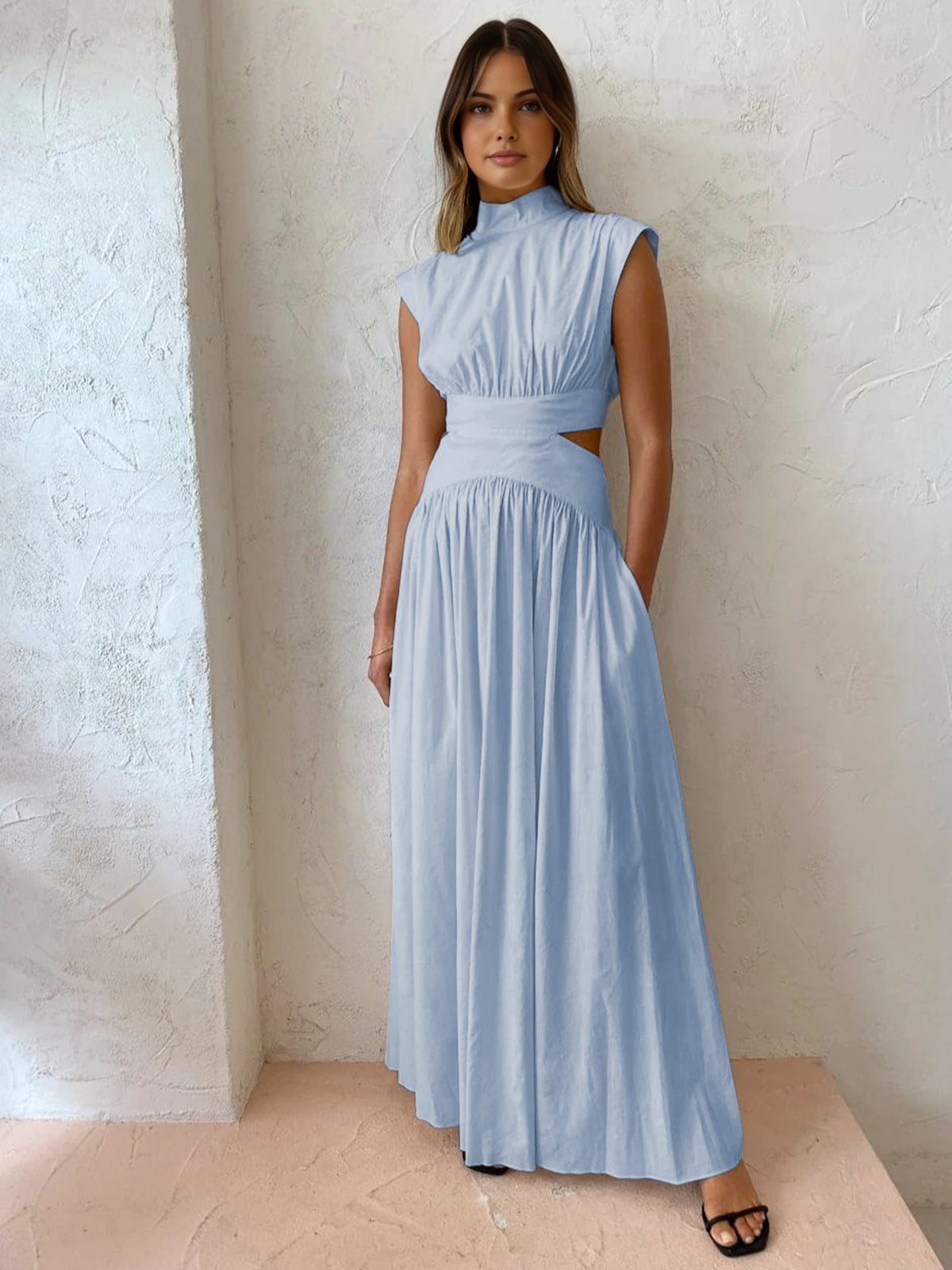 Women’s Mock Neck Maxi Dress – Sleeveless Romantic Style for Work, Holidays, and Parties