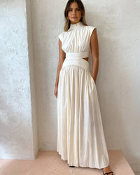 Women’s Mock Neck Maxi Dress – Sleeveless Romantic Style for Work, Holidays, and Parties