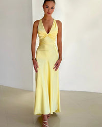 Women’s Satin Halter Neck Maxi Dress – Ruched Backless Evening Gown