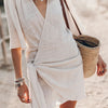 Women’s Wrap Linen Mini Dress – Asymmetrical Hem and Adjustable Fit for Summer