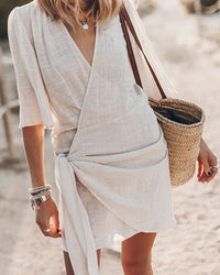 Women’s Wrap Linen Mini Dress – Asymmetrical Hem and Adjustable Fit for Summer