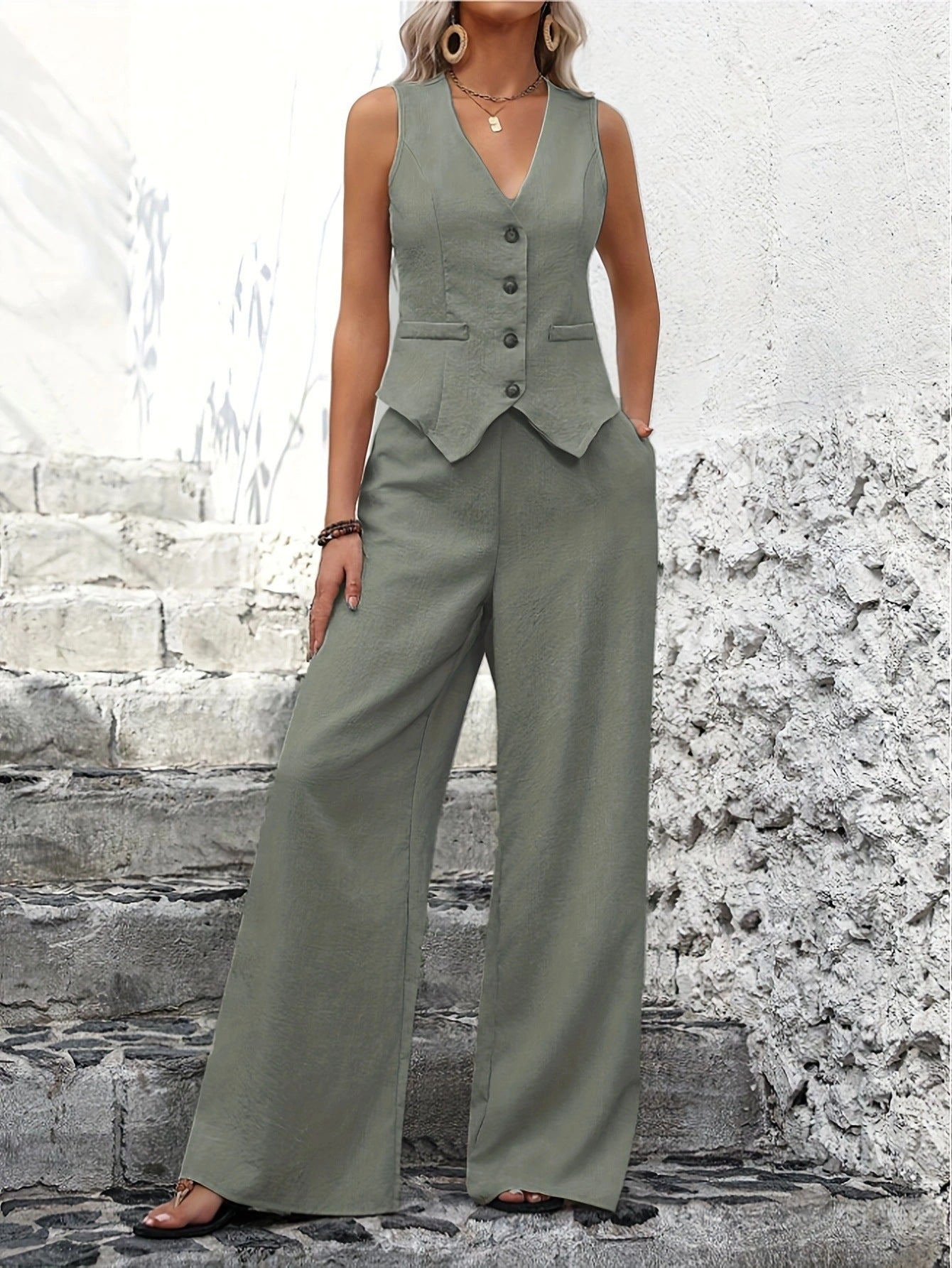 Two-Piece Women Slim Fit Vest Wide Pants Elegant Business